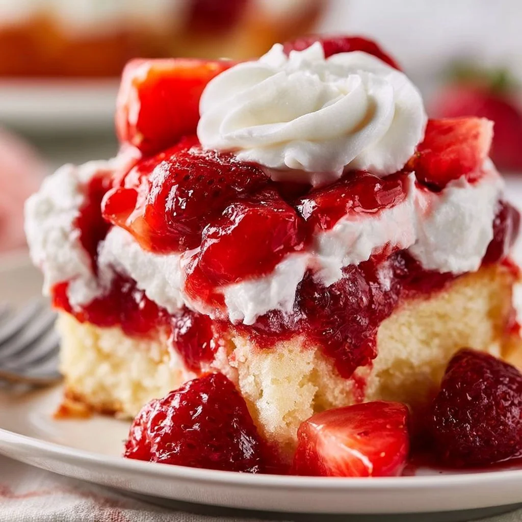Strawberry Shortcake Poke Cake topped with fresh strawberries and whipped cream