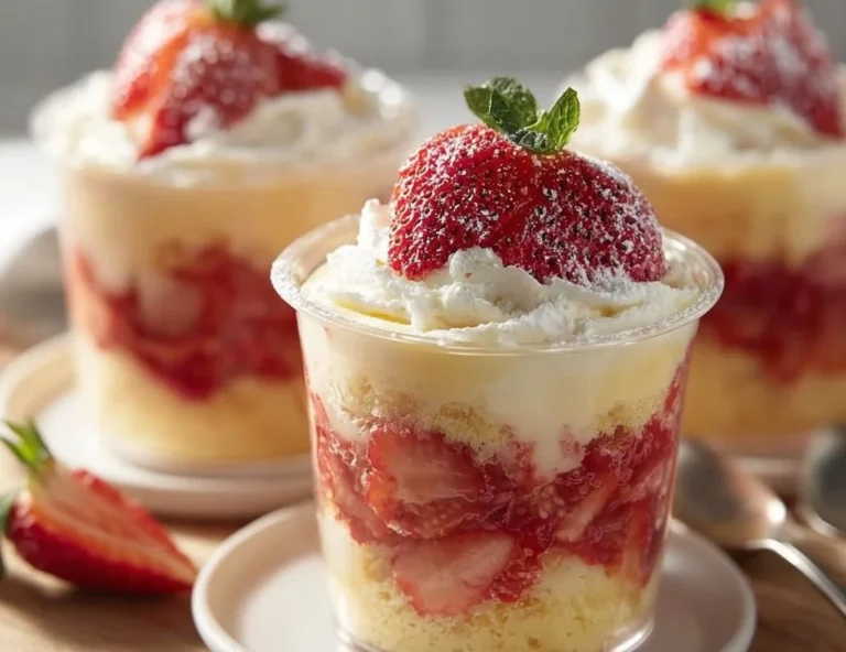 Strawberry shortcake pudding cups with fresh strawberries and whipped cream.