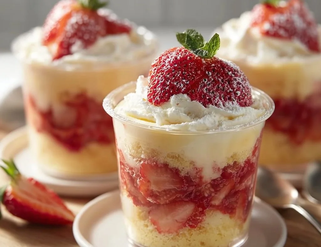 Strawberry shortcake pudding cups with fresh strawberries and whipped cream.