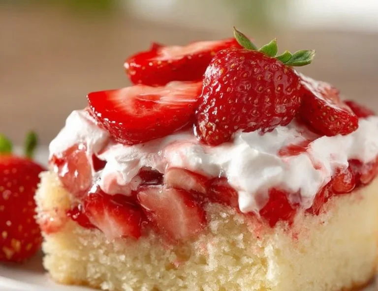 Delicious Strawberry Shortcake Sheet Cake topped with fresh strawberries and whipped cream