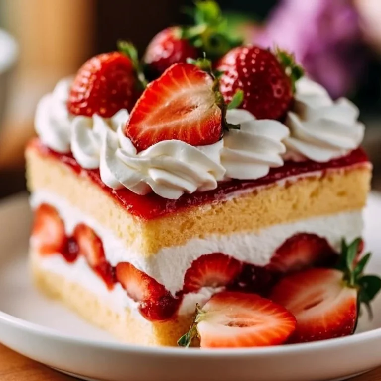 Slice of strawberry shortcake with sponge cake, strawberries, and whipped cream on a plate.