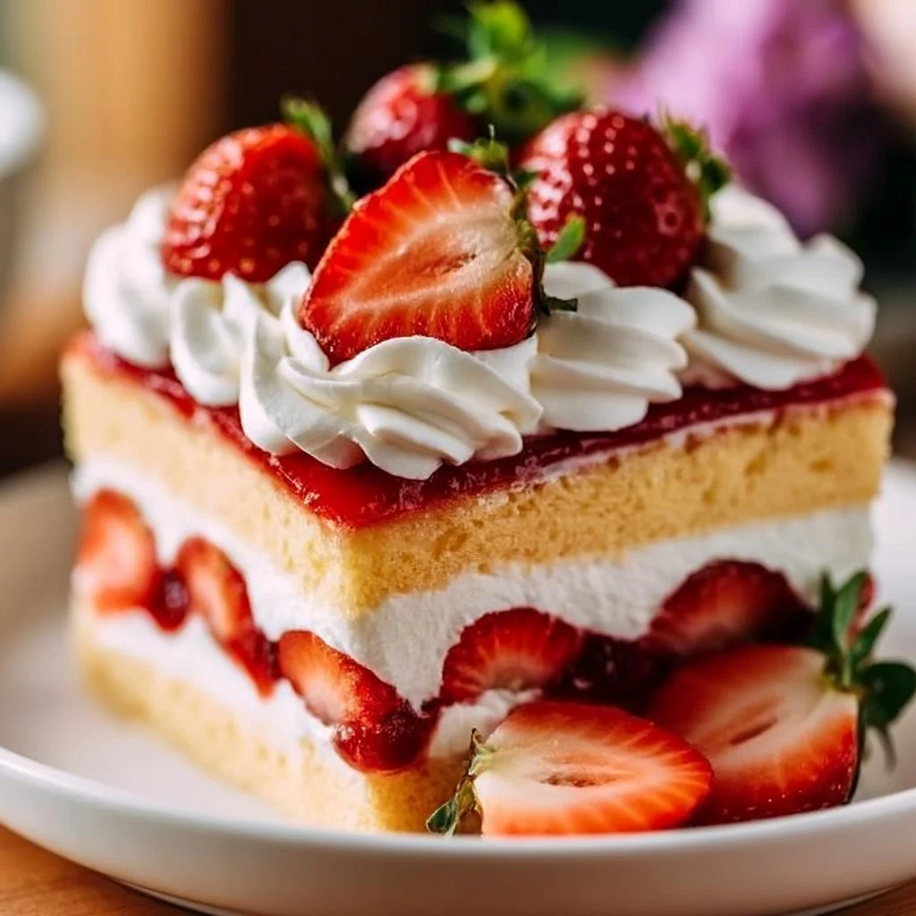 Slice of strawberry shortcake with sponge cake, strawberries, and whipped cream on a plate.