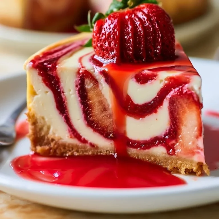Delicious strawberry swirl cheesecake with a creamy texture and vibrant topping.