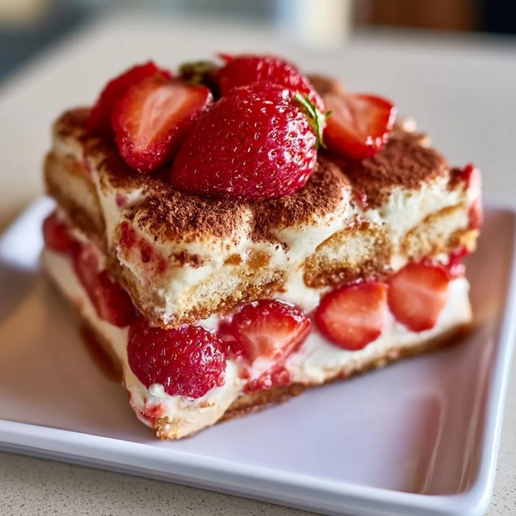 Delicious Strawberry Tiramisu dessert with fresh strawberries and cream layers.