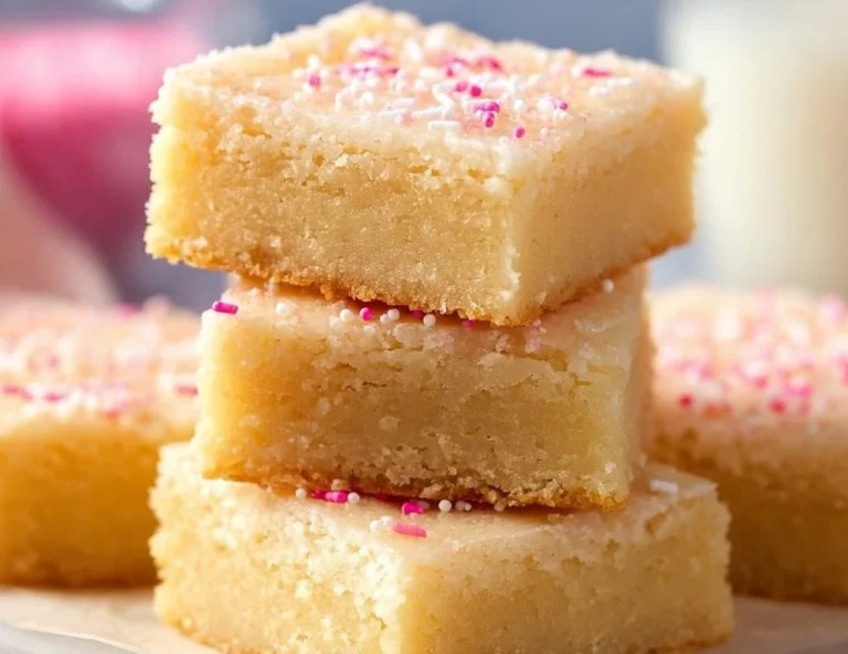 Delicious sugar cookie bars topped with sprinkles and glaze.