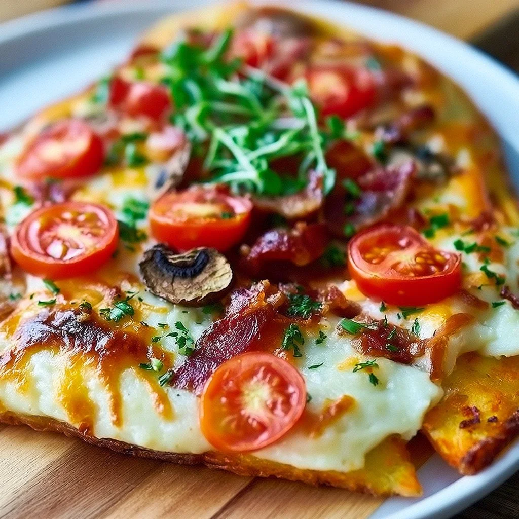 Delicious Supreme Mashed Potato Pizza topped with creamy mashed potatoes and herbs.