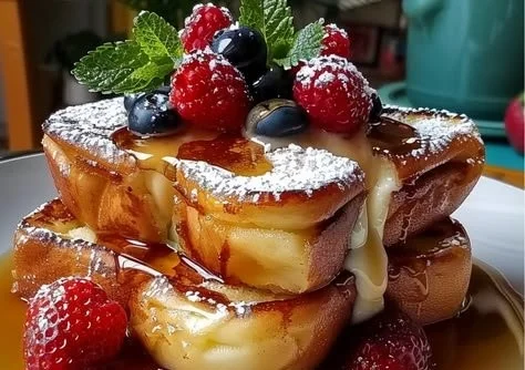 Sweet Hawaiian Roll French Toast Bake topped with syrup and fruit.