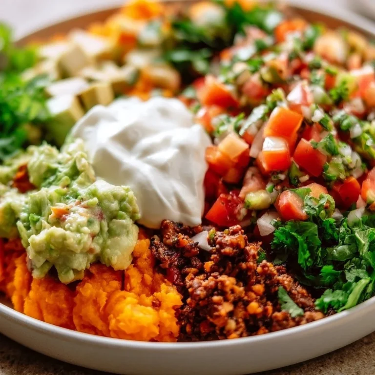 Healthy Sweet Potato Taco Bowl topped with fresh ingredients.