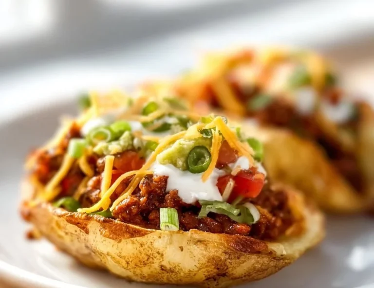 Delicious Taco Potatoes topped with cheese, sour cream, and fresh toppings