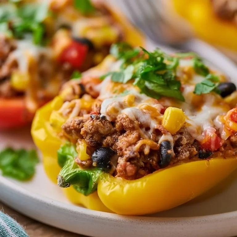 A colorful plate of Taco Stuffed Peppers filled with seasoned meat and toppings