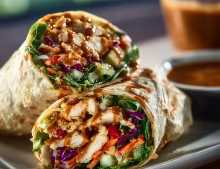 Thai Peanut Chicken Wraps with fresh vegetables and a savory sauce
