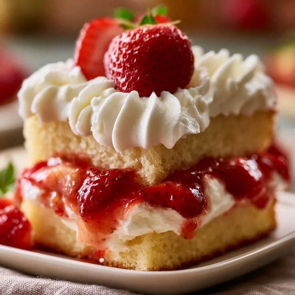 Delicious strawberry shortcake topped with fresh strawberries and whipped cream