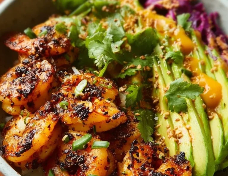 Delicious charred shrimp and avocado bowl topped with fresh ingredients