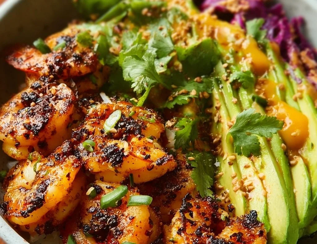 Delicious charred shrimp and avocado bowl topped with fresh ingredients