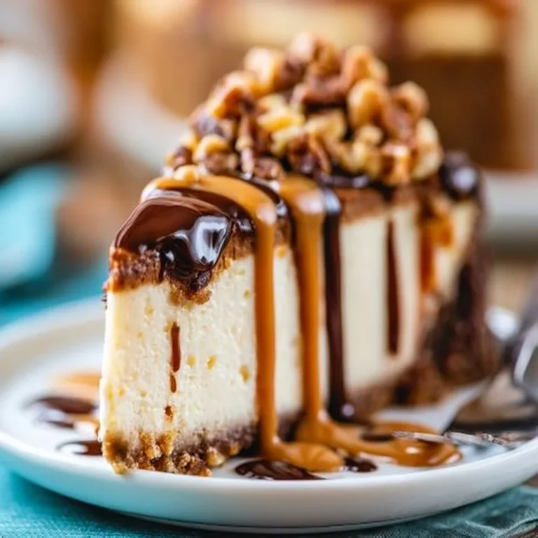 Delicious Turtle Cheesecake topped with chocolate, caramel, and pecans on a plate.