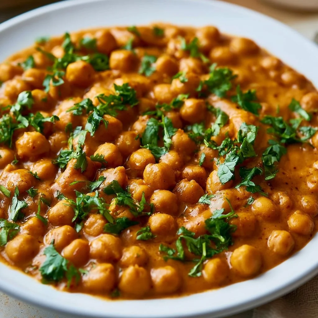 Delicious bowl of Vegan Butter Chickpeas served with rice and herbs