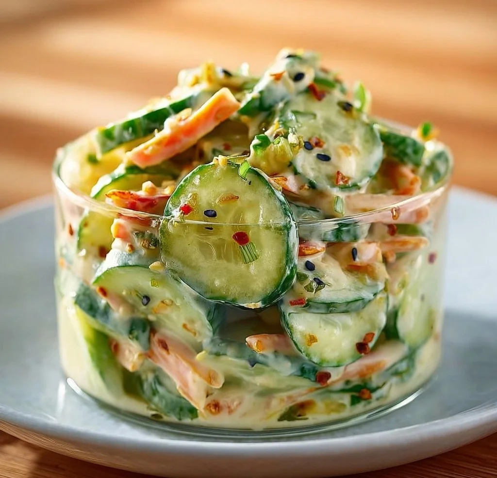 Creamy Asian cucumber salad garnished with sesame seeds and herbs