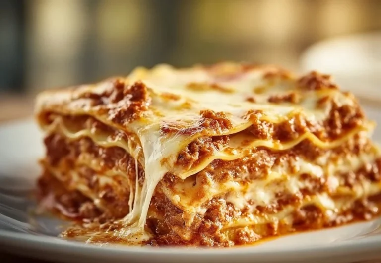 Delicious world best lasagna served on a plate with fresh herbs on top.