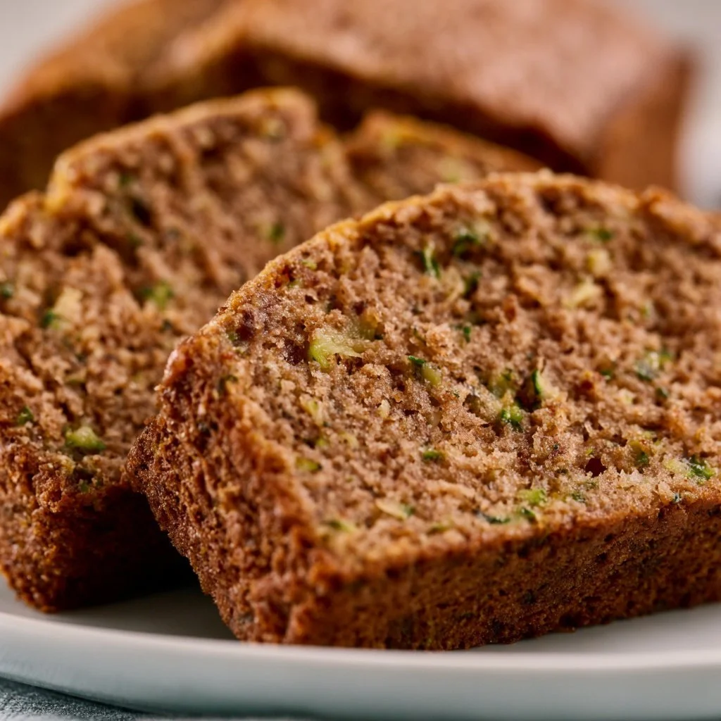 Delicious homemade zucchini bread loaf with slices on a wooden cutting board