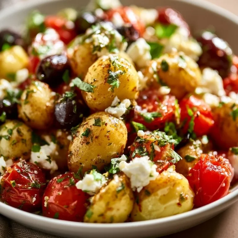 Delicious Greek salad with baby potatoes, feta cheese, and fresh herbs