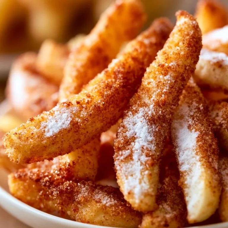 Crispy air fryer apple fries served on a plate with a dipping sauce