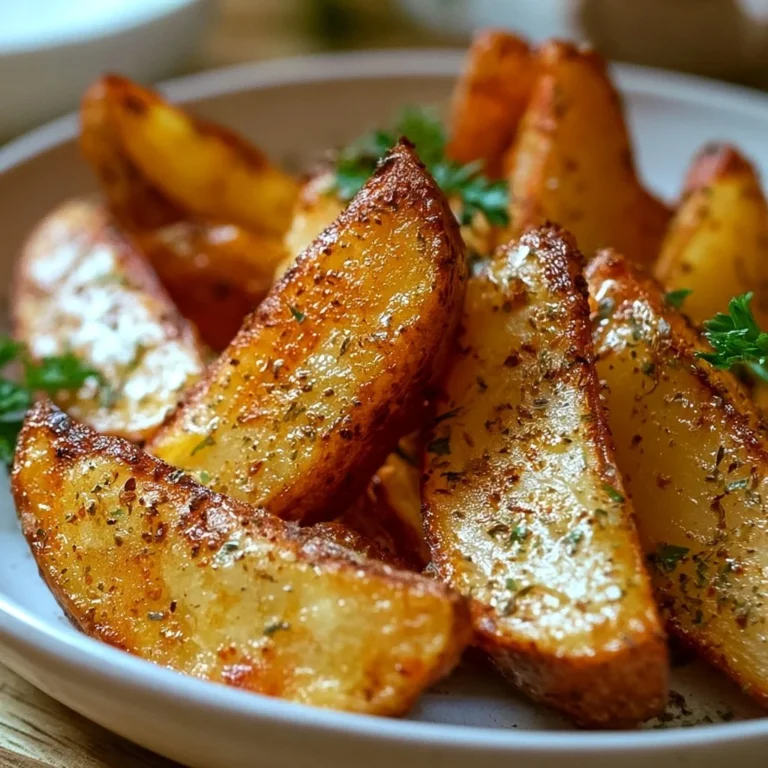 Crispy air fryer potato wedges served with dipping sauce.