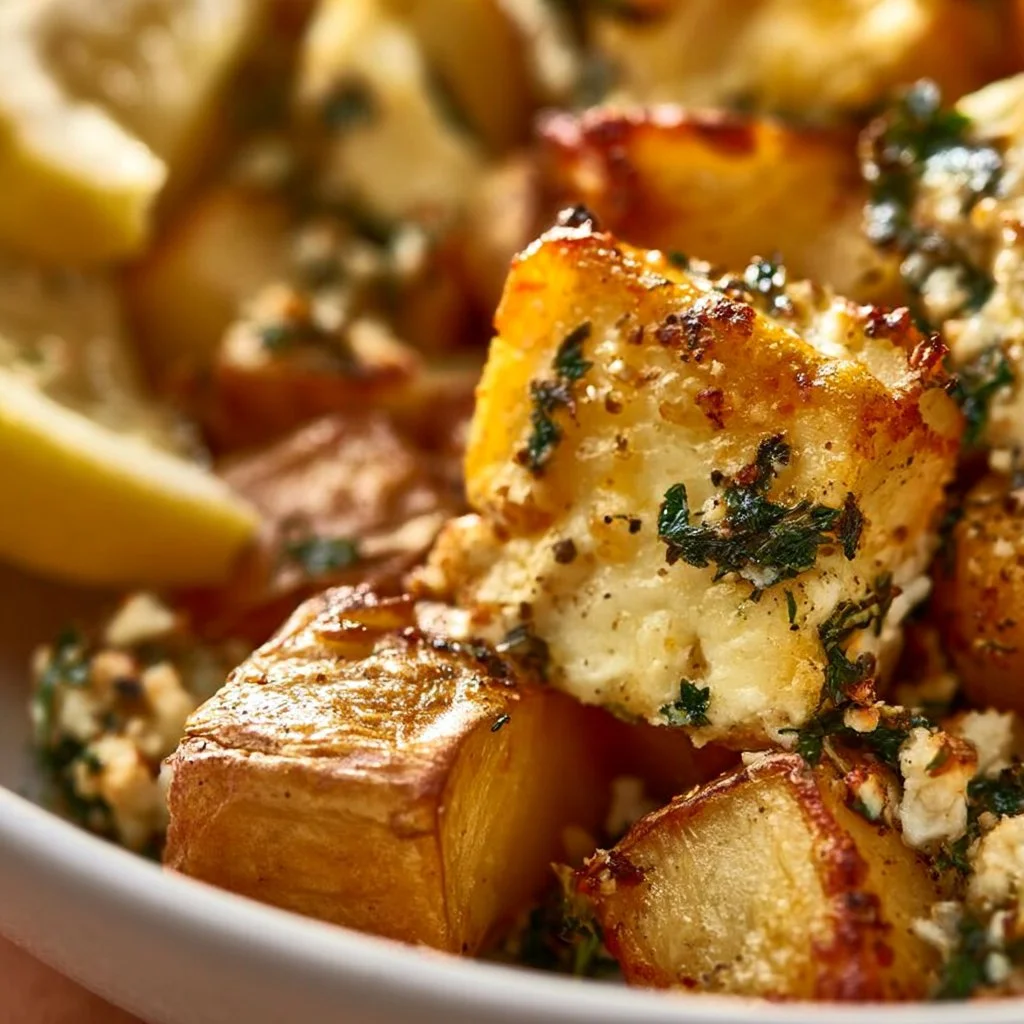 Baked feta potatoes topped with lemon slices and herbs