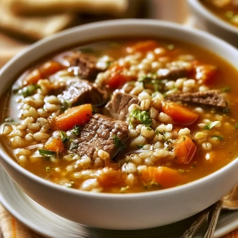 Delicious bowl of hearty beef barley soup with veggies and tender meat