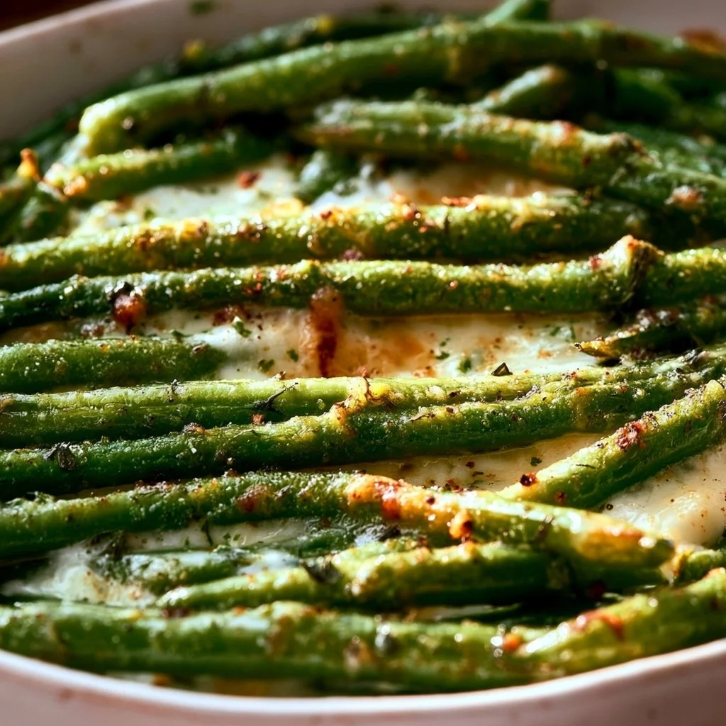 Delicious cooked green beans in a bowl with seasoning