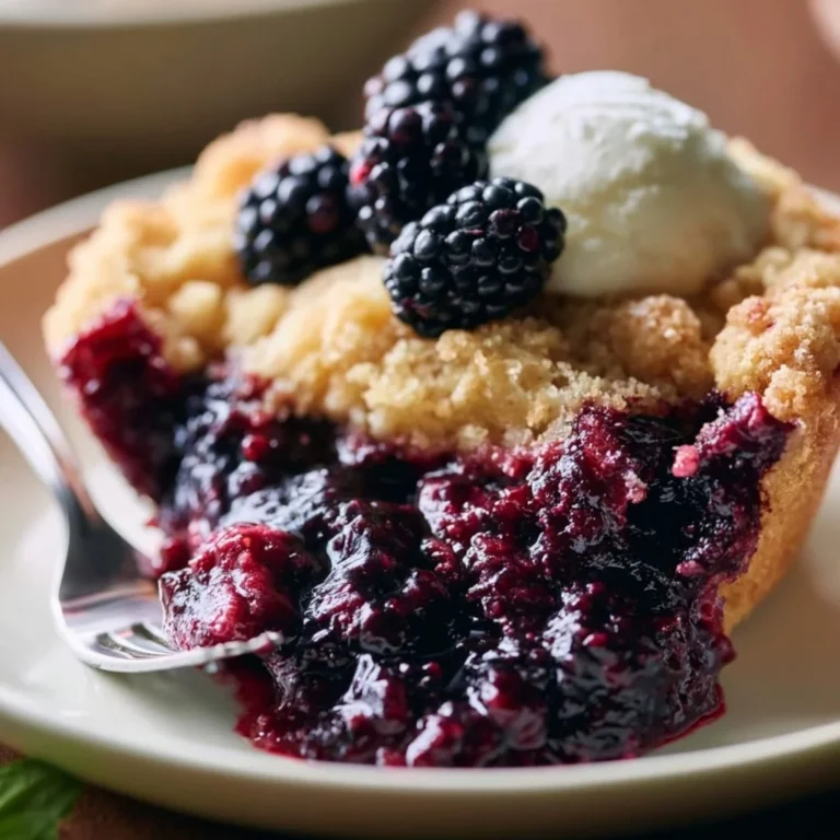 Delicious homemade Blackberry Cobbler with fresh blackberries and a golden crust.