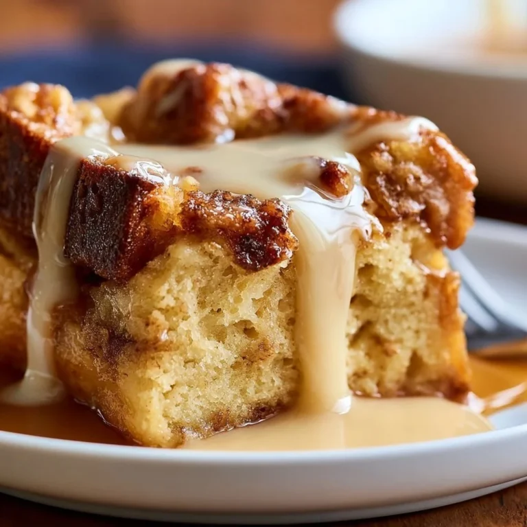 Delicious bread pudding drizzled with vanilla caramel sauce.