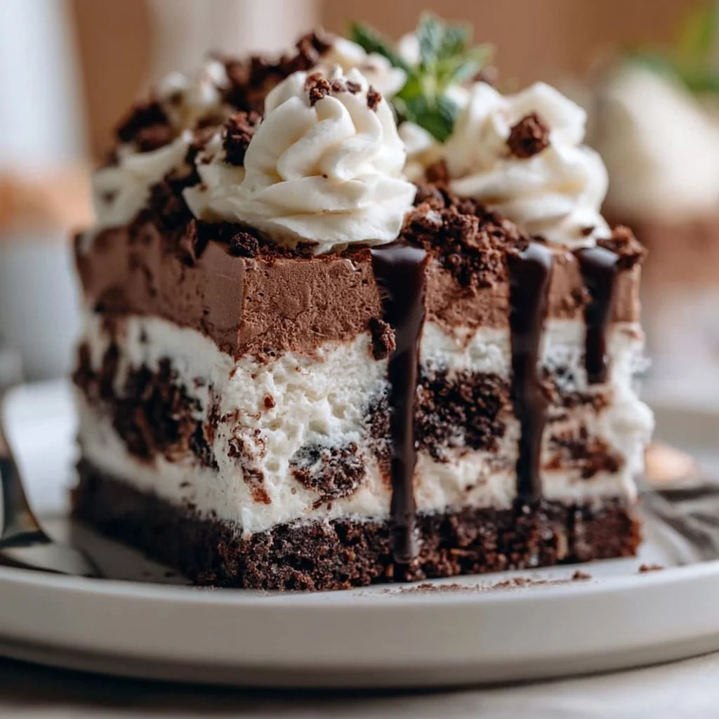 Delicious Brownie Refrigerator Cake topped with chocolate and nuts