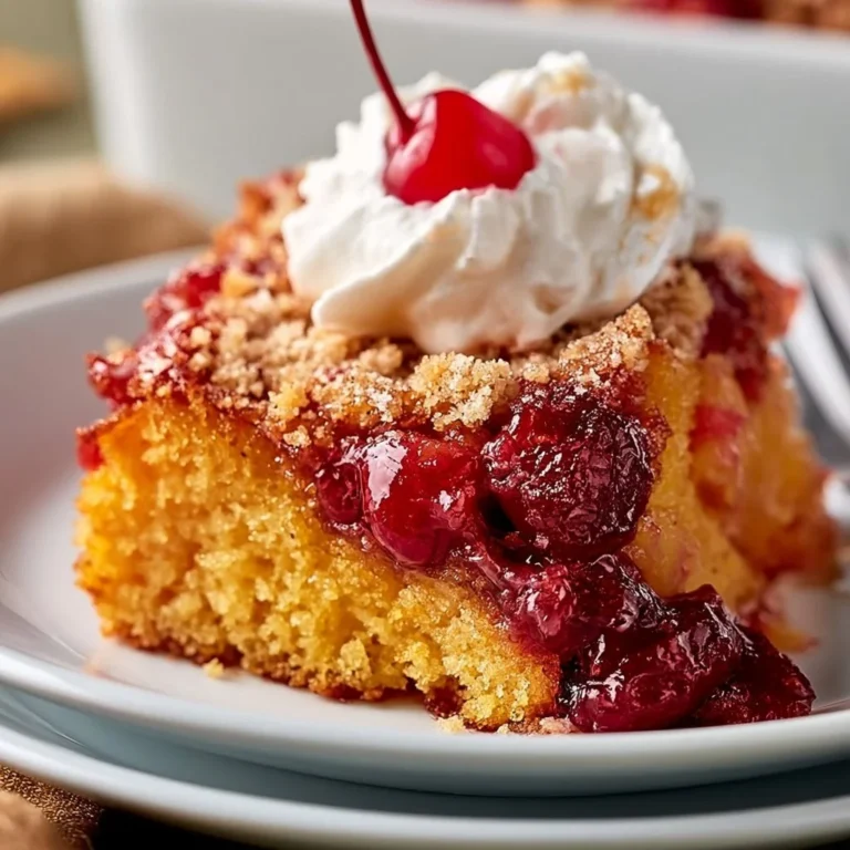 Delicious Cherry Pineapple Dump Cake served in a dish