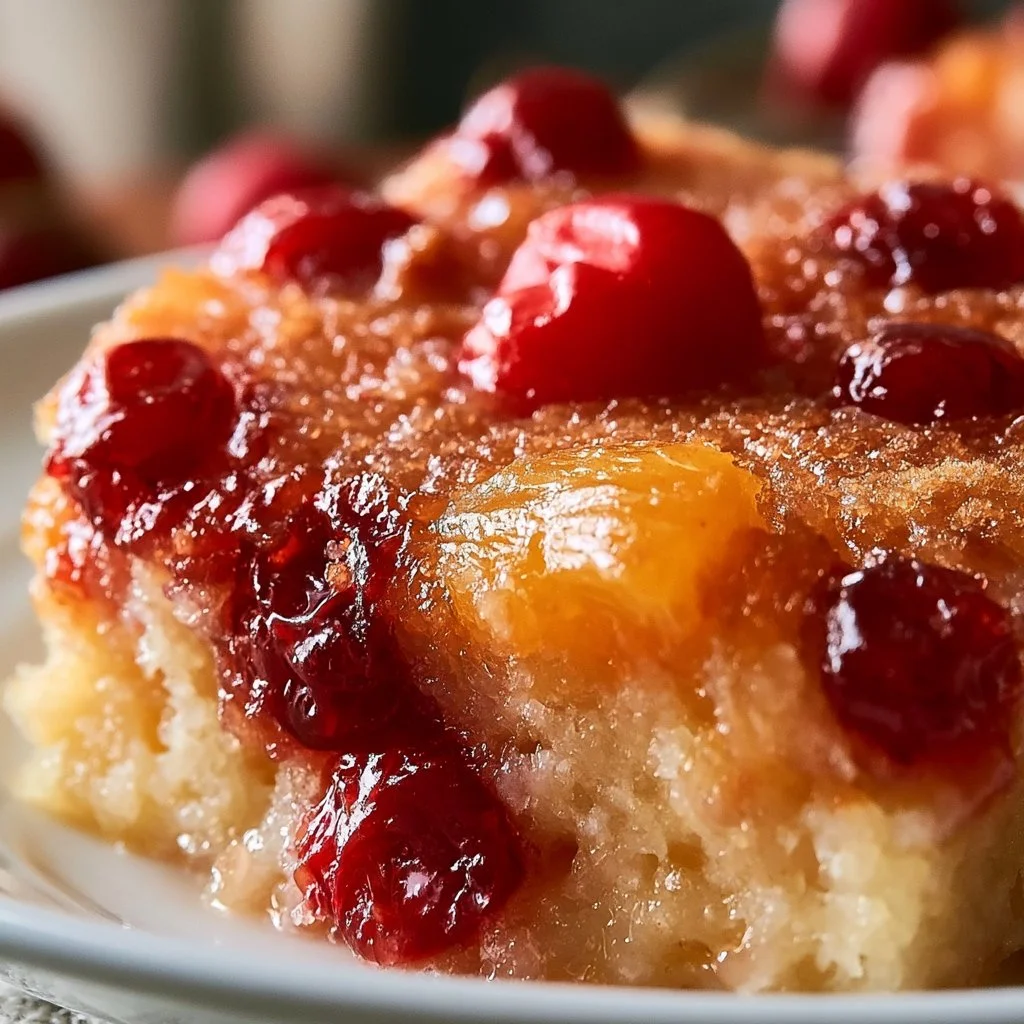 Delicious Cherry Pineapple Dump Cake served in a baking dish