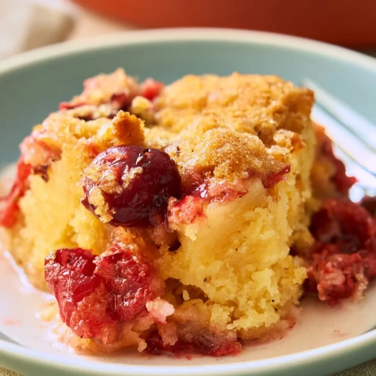 Delicious Cherry Pineapple Dump Cake topped with whipped cream and cherries.