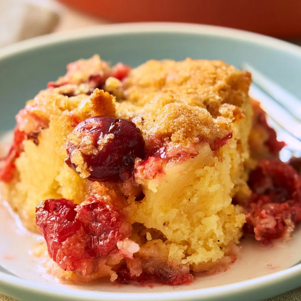 Delicious Cherry Pineapple Dump Cake topped with whipped cream and cherries.