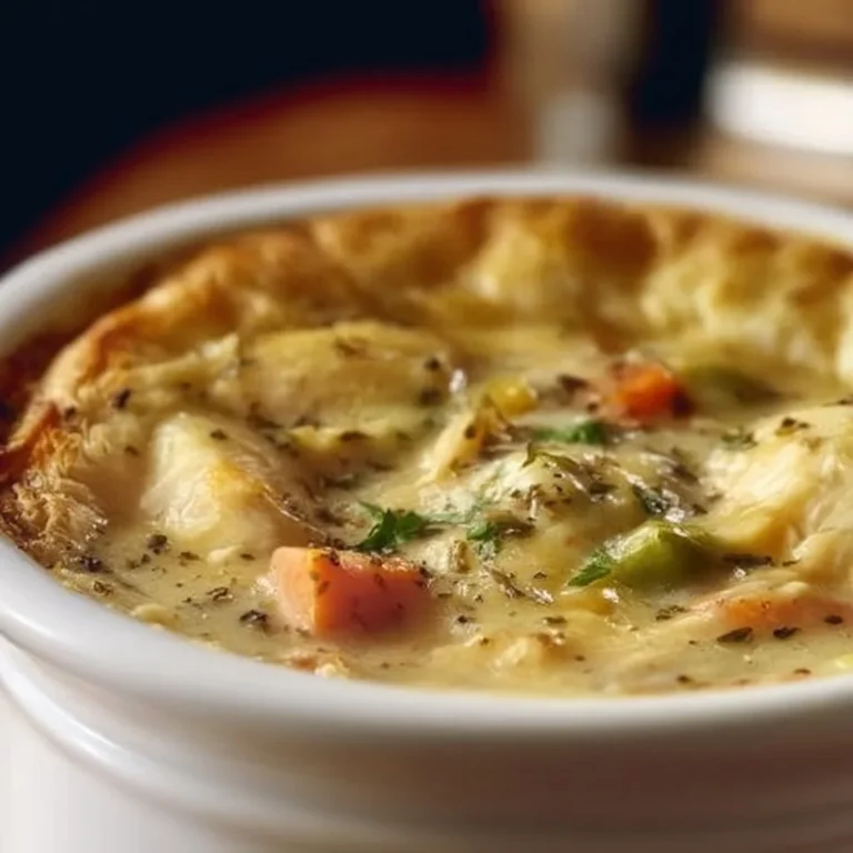 Delicious Chicken Pot Pie Soup served in a bowl with fresh herbs.