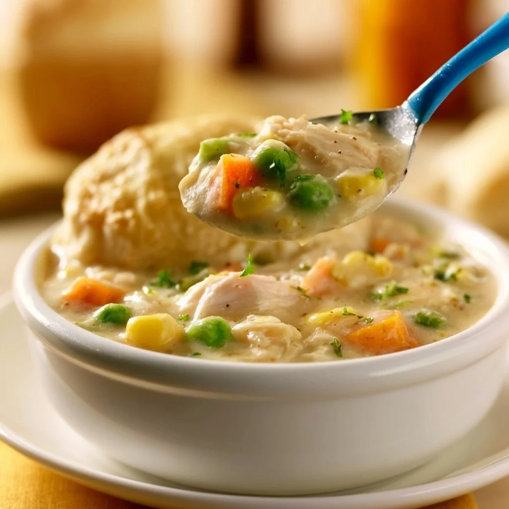 Delicious Chicken Pot Pie Soup in a bowl garnished with herbs