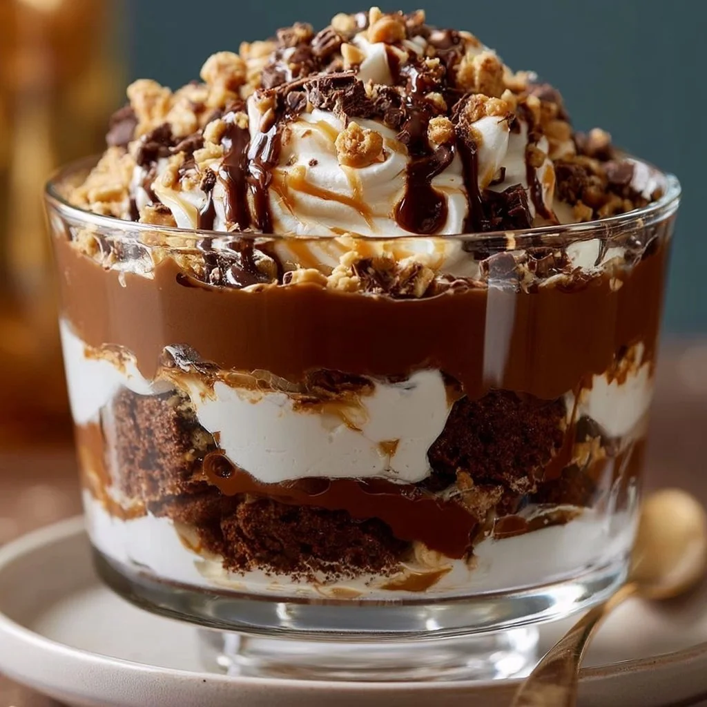 Delicious Chocolate Toffee Trifle dessert with layers of chocolate and toffee.