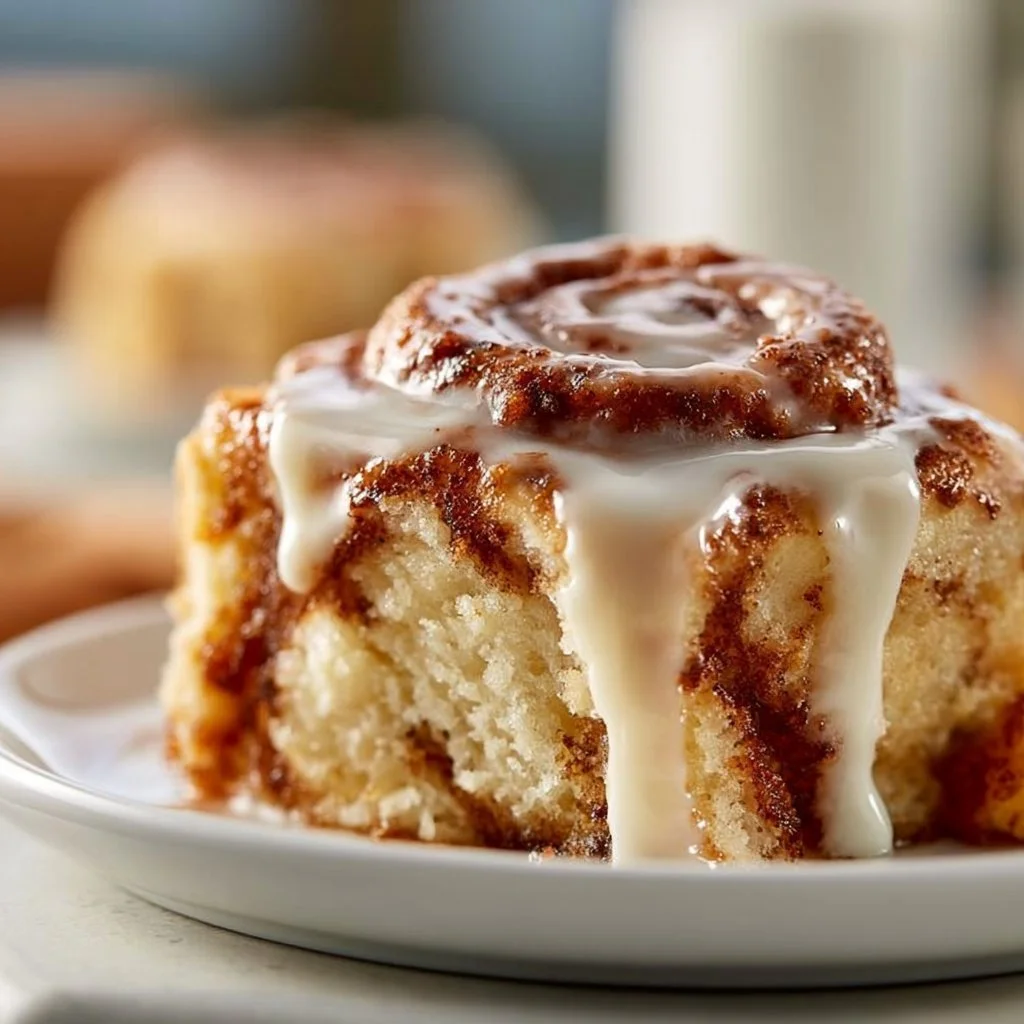 Delicious Cinnabon Cinnamon Roll Cake served on a plate with frosting