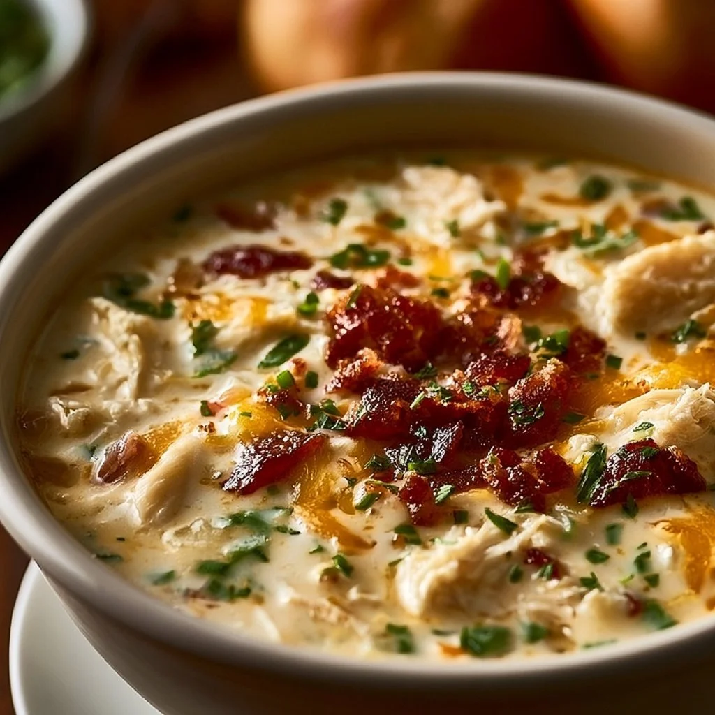 Bowl of Classic Crack Chicken Soup topped with herbs and served with bread.