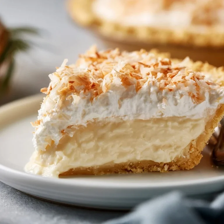 Delicious Coconut Cream Pie topped with whipped cream and coconut flakes