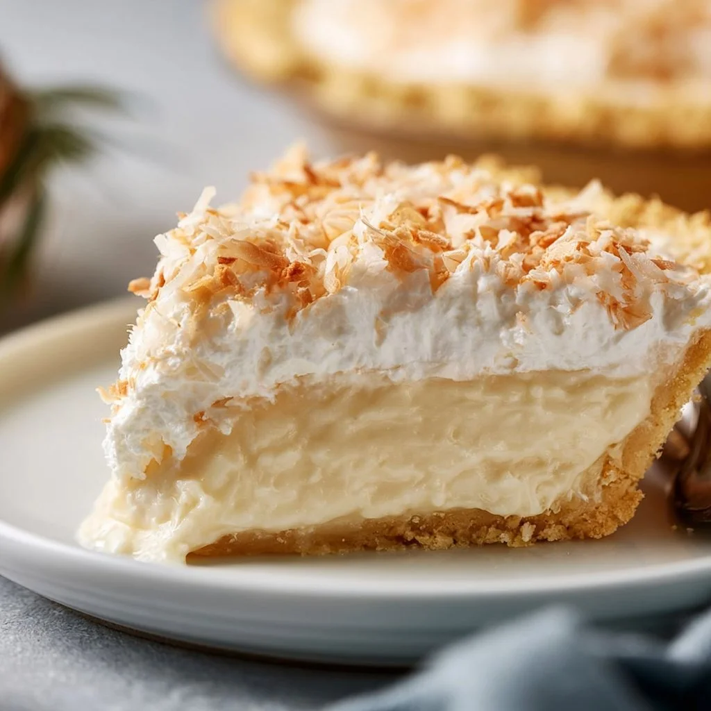 Delicious Coconut Cream Pie topped with whipped cream and coconut flakes