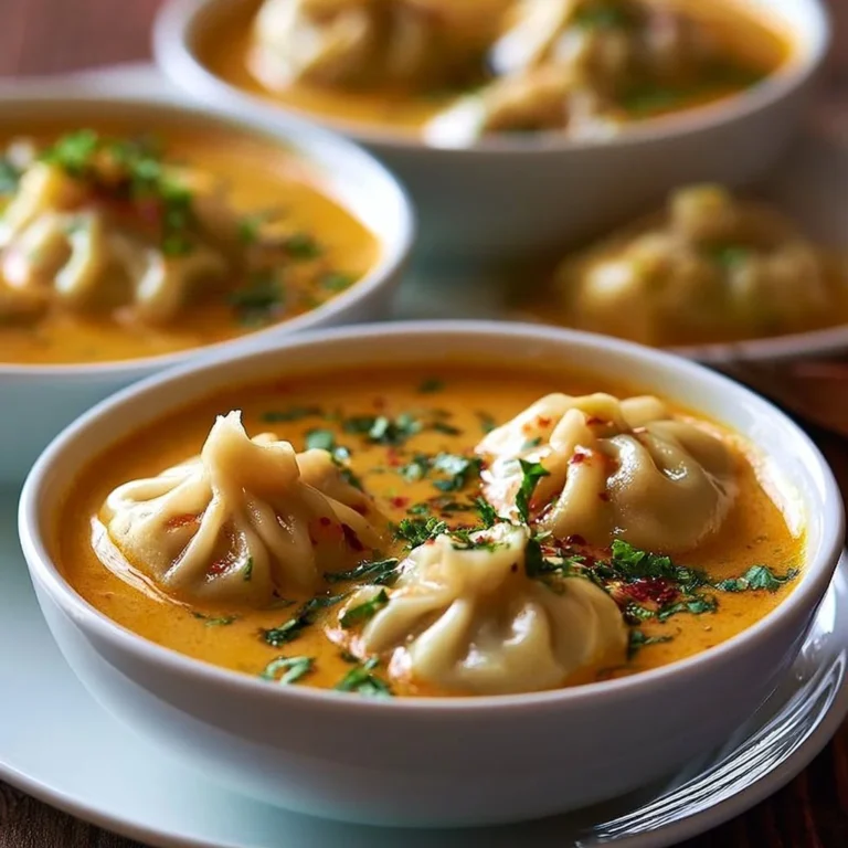 Coconut Curry Soup dumplings served in a bowl, garnished with herbs and spices.