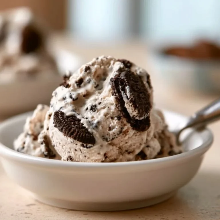 A bowl of Coffee Cookies and Cream Ice Cream topped with chocolate cookies
