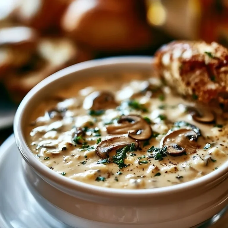 Bowl of Cottage Cheese Mushroom Soup garnished with fresh herbs