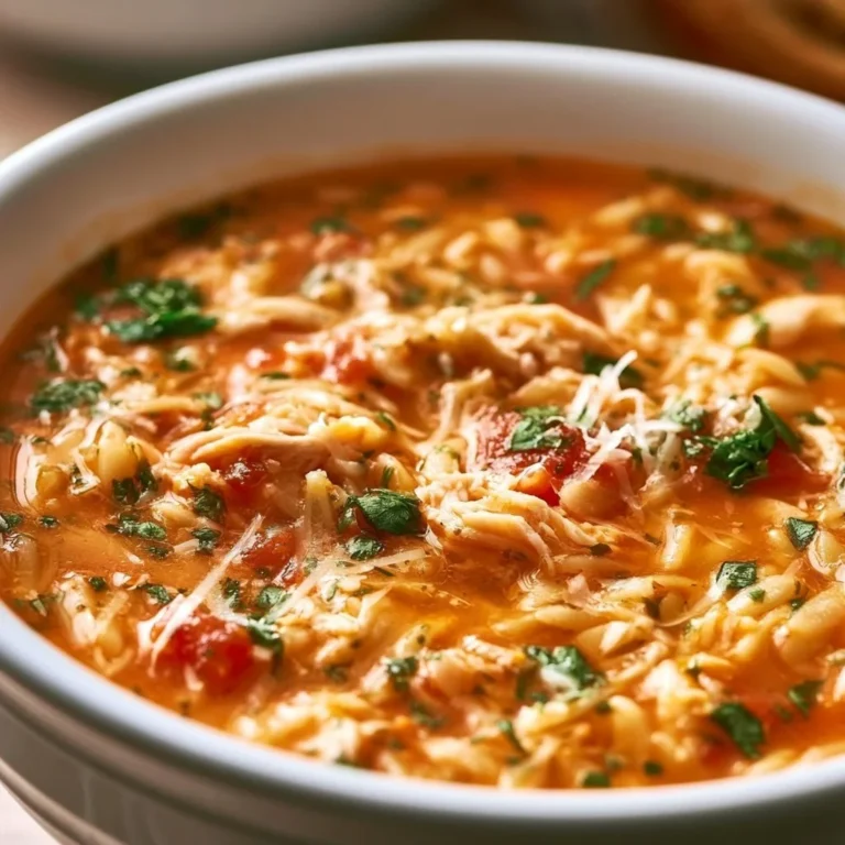Cozy chicken orzo tomato soup in a bowl with fresh herbs on top.