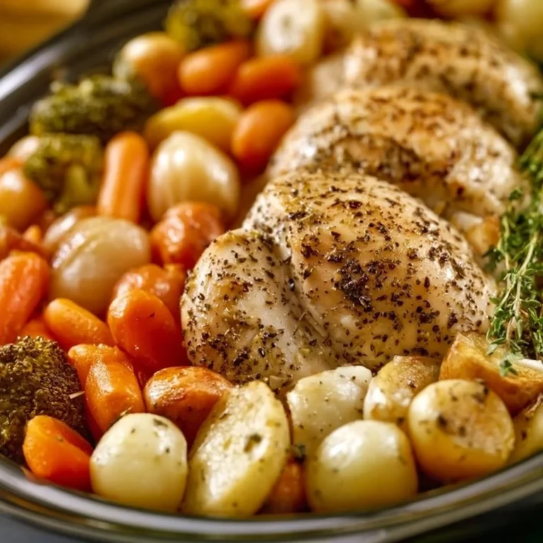 Slow-cooked garlic herb chicken with fresh vegetables in a cozy setting