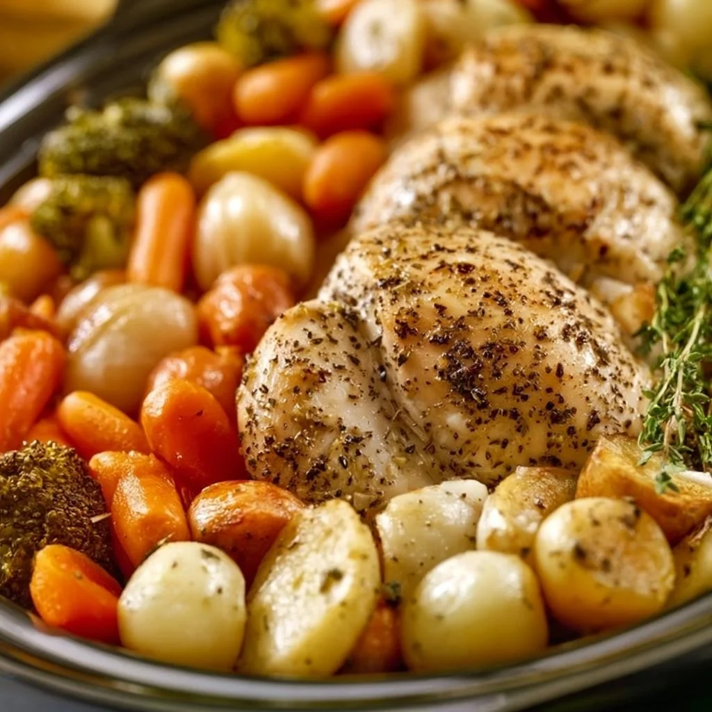 Slow-cooked garlic herb chicken with fresh vegetables in a cozy setting