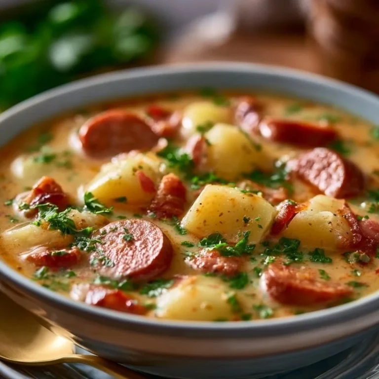 Bowl of cozy Kielbasa Potato Soup garnished with herbs and ready to serve